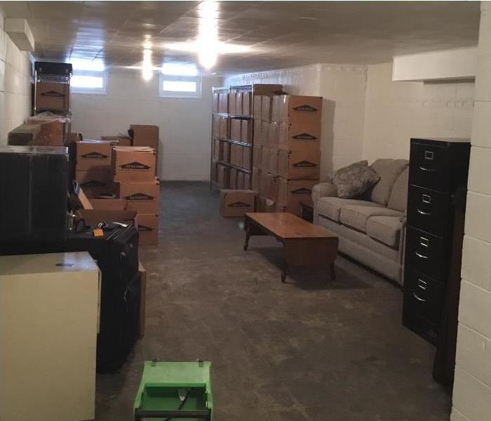 Basement that it organized with SERVPRO boxes 